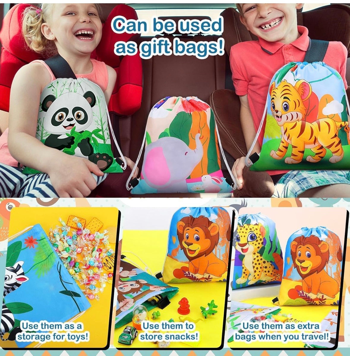 Polyester Zoo Adventure Drawstring Bags 16 PACK 38440
