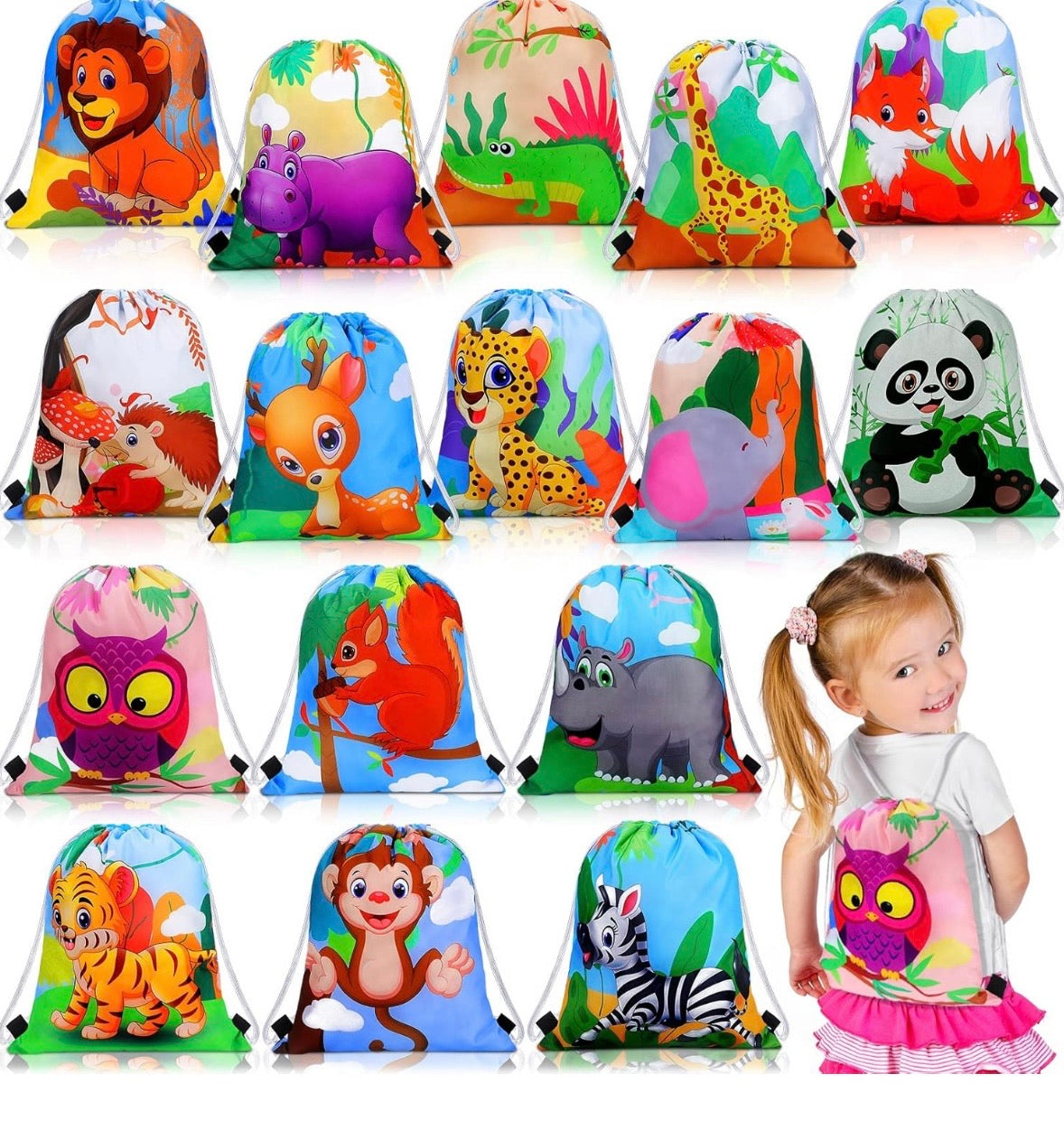 Polyester Zoo Adventure Drawstring Bags 16 PACK 38440