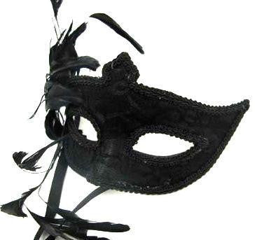 m3286 Black Lace Masquerade Mask with Feathers 1849