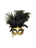 Venetian Style Masquerade Eye Mask W Tall Fancy Ostrich Feather Black/Gold 9239
