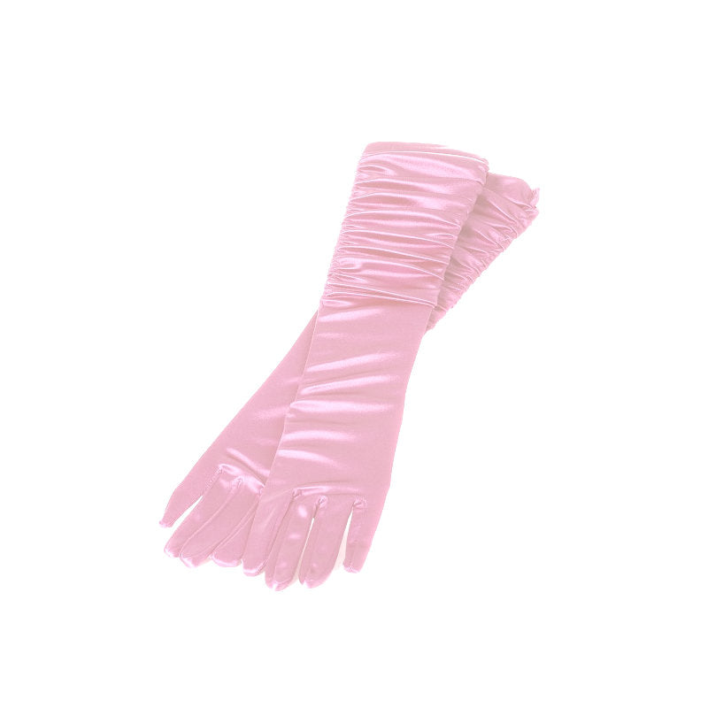 Pink Long Ruched Satin Gloves 5097