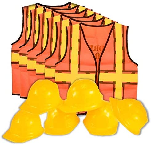 Kids Dress Up Construction Set - Construction Worker Vest with Construction Worker Soft Plastic Construction Helmets Hat 8607B