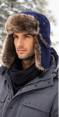Navy Blue Trapper Hat | Grey Faux Fur 12 PACK 5831NB  22.5" Standard Adjustable Strap