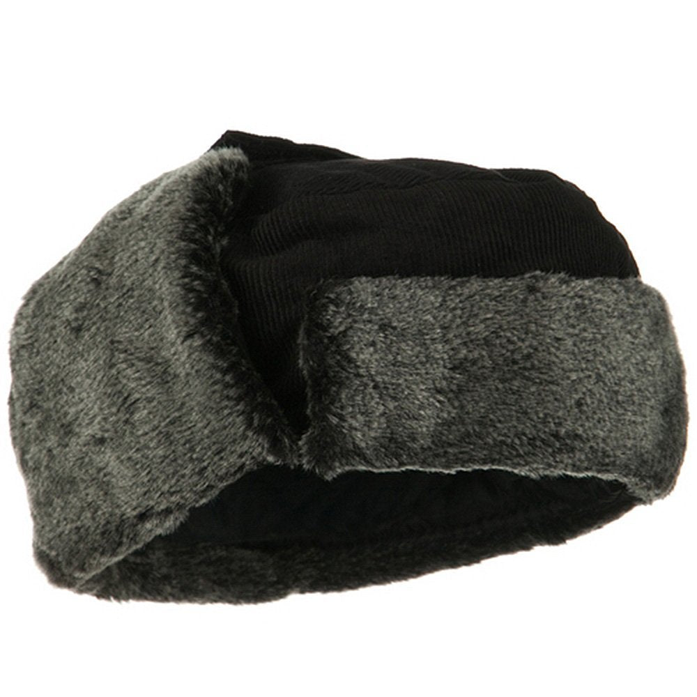 Black Corduroy Winter Hat with Grey Fur 5829