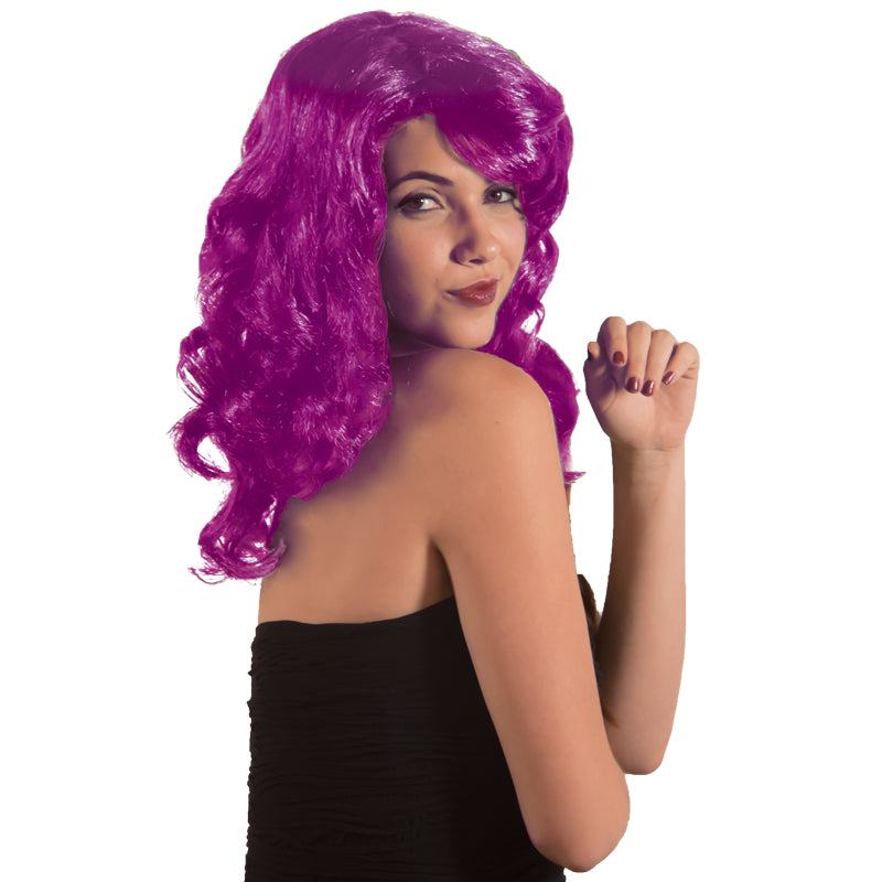 80's Costume Neon Purple Long Wig With Bangs 6079