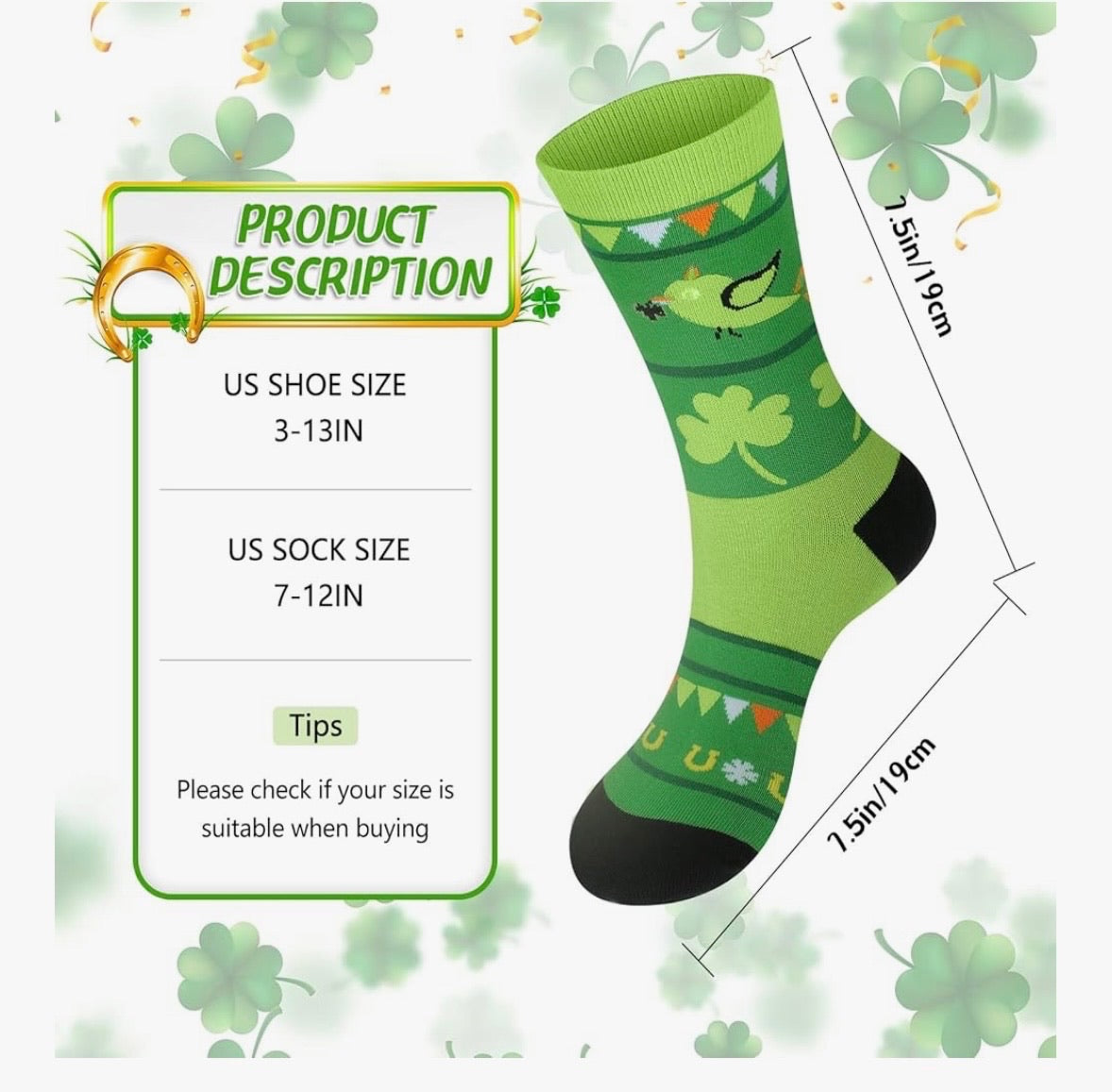 St Patricks Day Socks | Shamrock Socks | St Pattys Day Socks | 10" 6 PACK