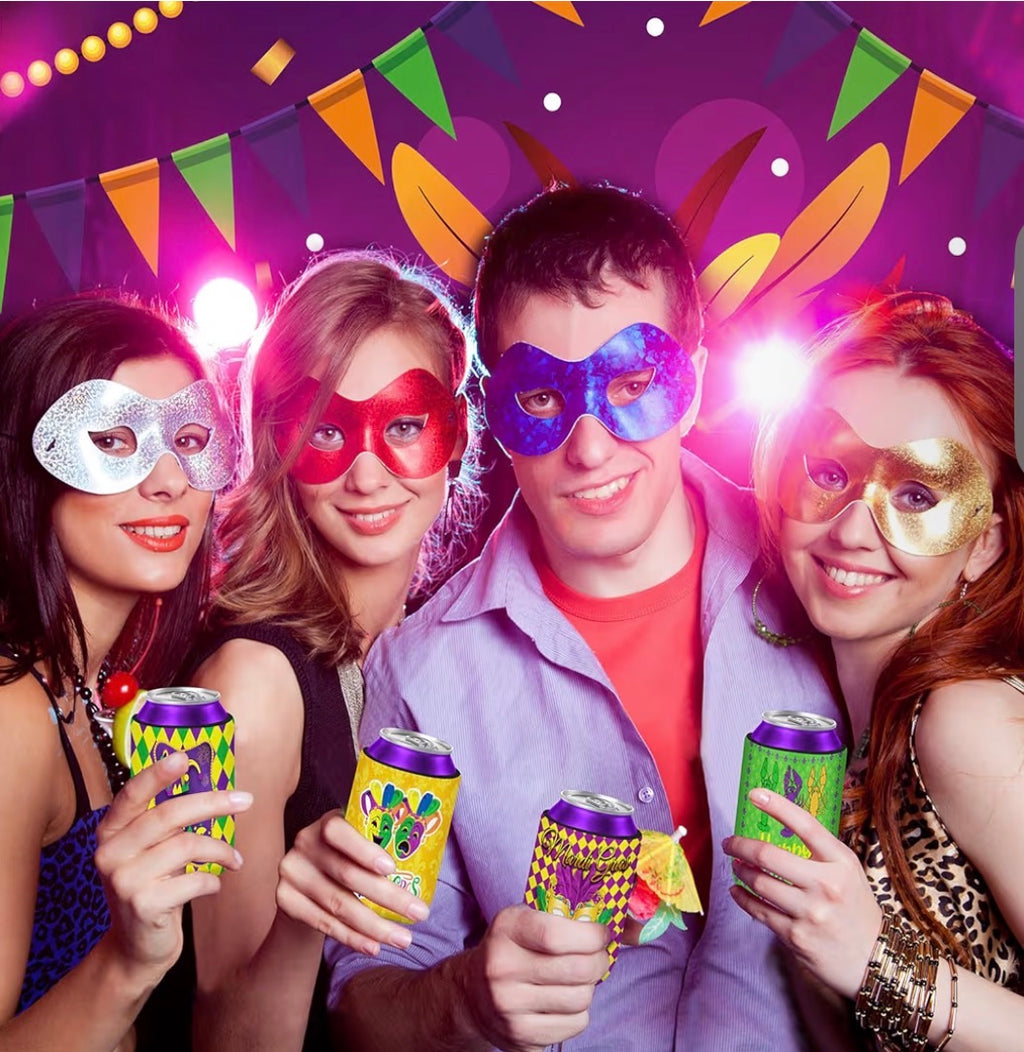 Mardi Gras Bulk Party Can Cooler Sleeves | 18pcs 12 oz Cold Drinks Beer Drink Can Bottle Cooler Sleeves for Carnival Party 9237
