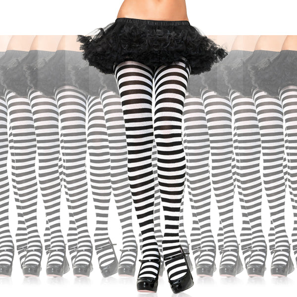 White/Black Striped Opaque Pantyhose 12 PACK 8081D