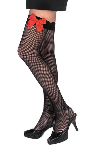 Black Fishnet Thigh High with Red Bows 8036