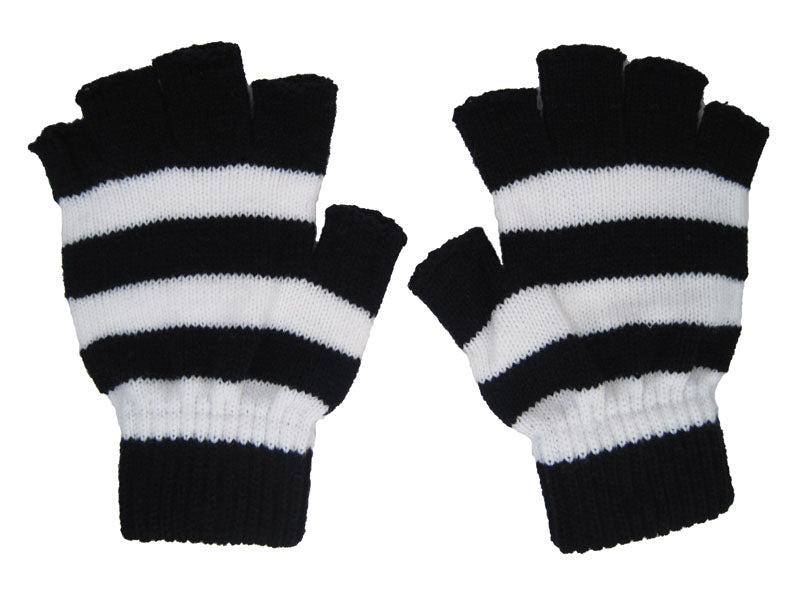 Fingerless Knit Gloves Stripe Black White 5074