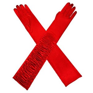 Red Long Ruched Satin Gloves 5096