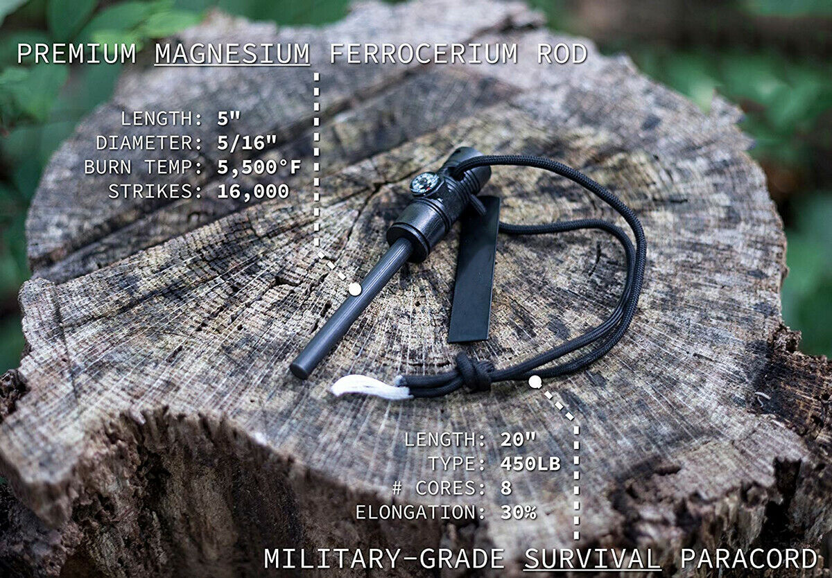 Magnesium Fire Starter | Magnesium Ferro Rod Fire Starter w/ Compass & Paracord For Survival and Camping - 30205