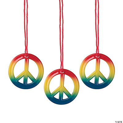 48 PACK Plastic Rainbow Peace Sign Necklaces 9909R