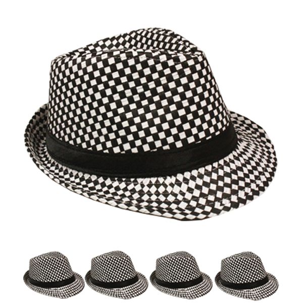 12 PACK Checkered Fedora Hats Black/White  1310BW Adult Size